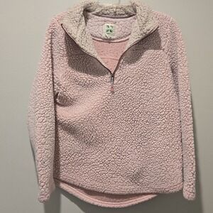 Green Tea Women's Sherpa Sweater Sz Med  Fluffy‎ Fleece 1/4 Zip Pullover Pink